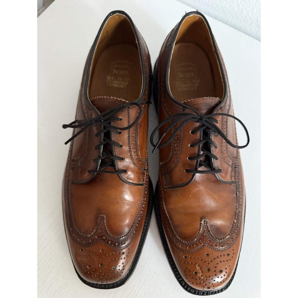 Vintage Sears Mens Long Wingtip V Crest Brogue Dress Shoes Oxford Leather 9 EE